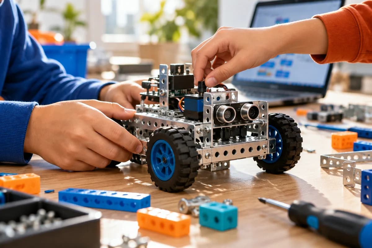Kinderhände bauen einen Roboter mit Ultraschallsensor