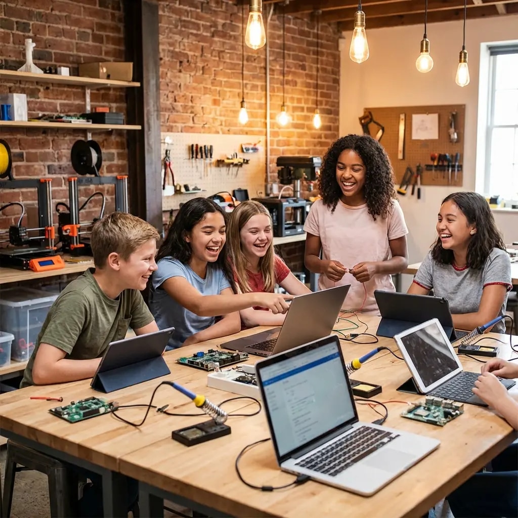 Schülerinnen und Schüler arbeiten gemeinsam an einem Robotikprojekt